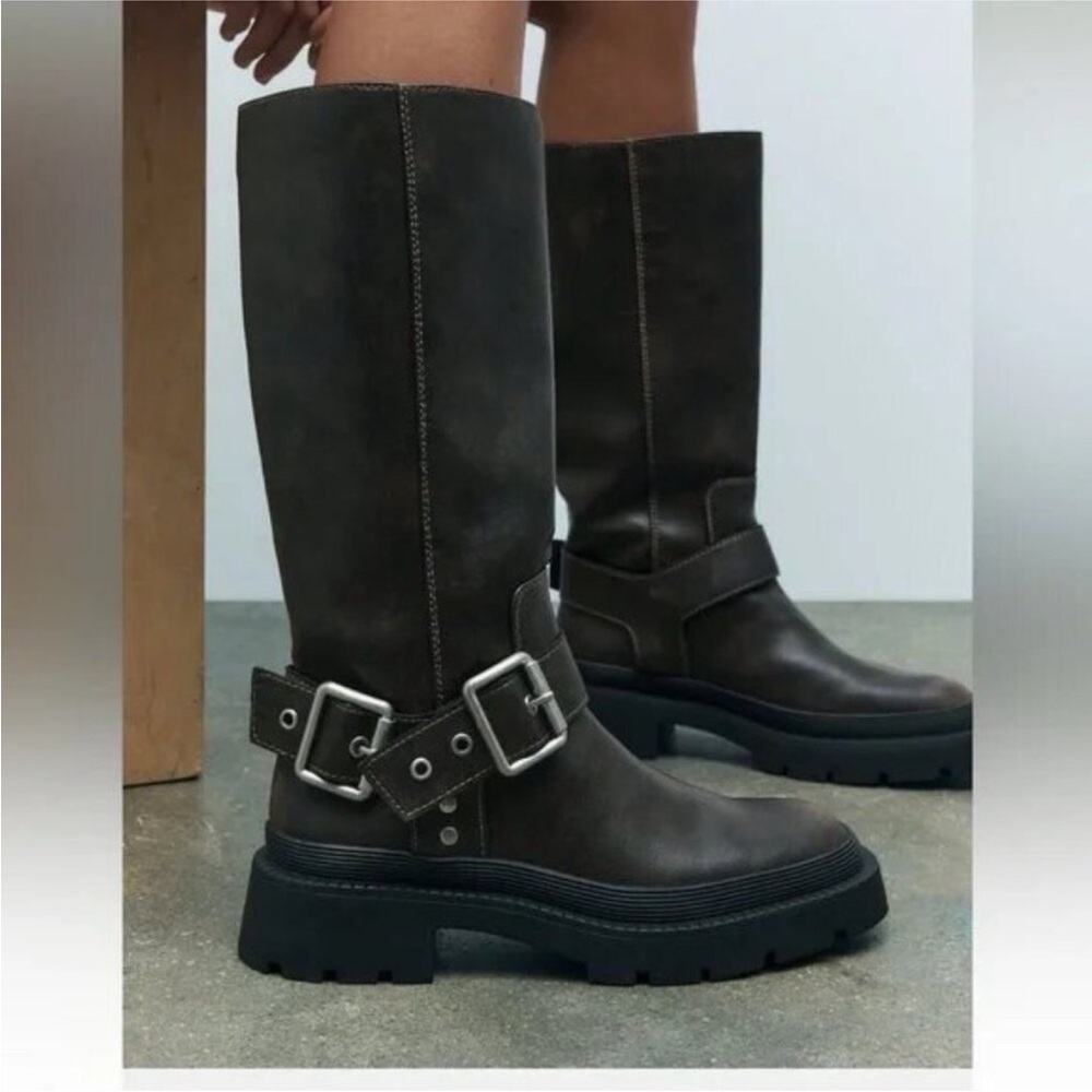 ZARA Brown Faux Leather Biker Boots with Buckles
